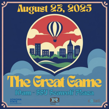 Drawing of balloon over a city with clouds in the background