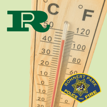 Thermometer with City and Public Safety logos on a green background