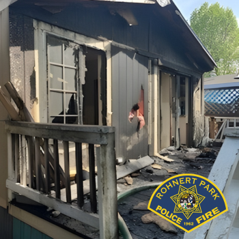 Photo of burned side and patio of house