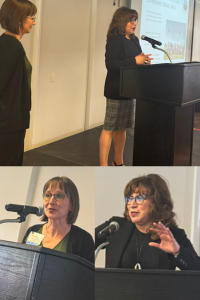 Mayor Emily Sanborn and City Manager Marcela Piedra discuss survey results from a podium